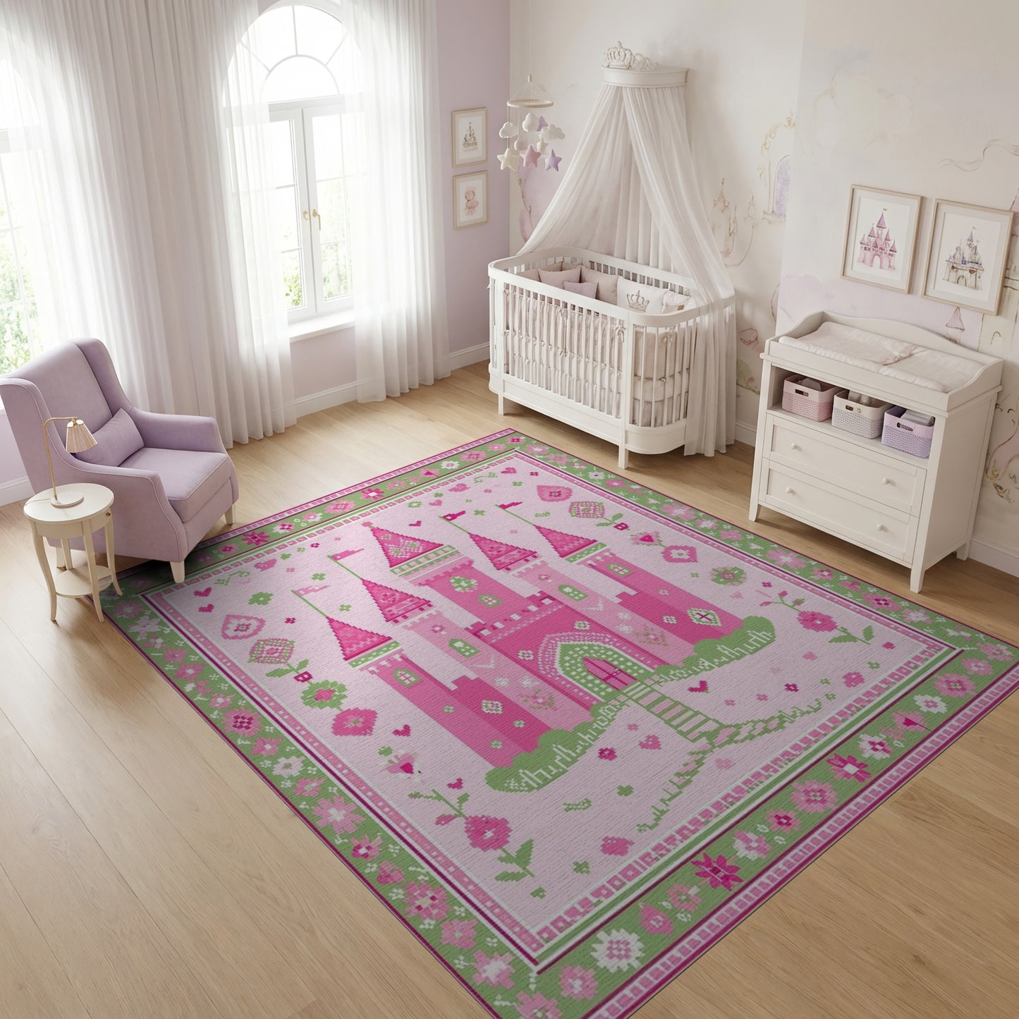 Whimsical Pink Green Castle Floral Rug