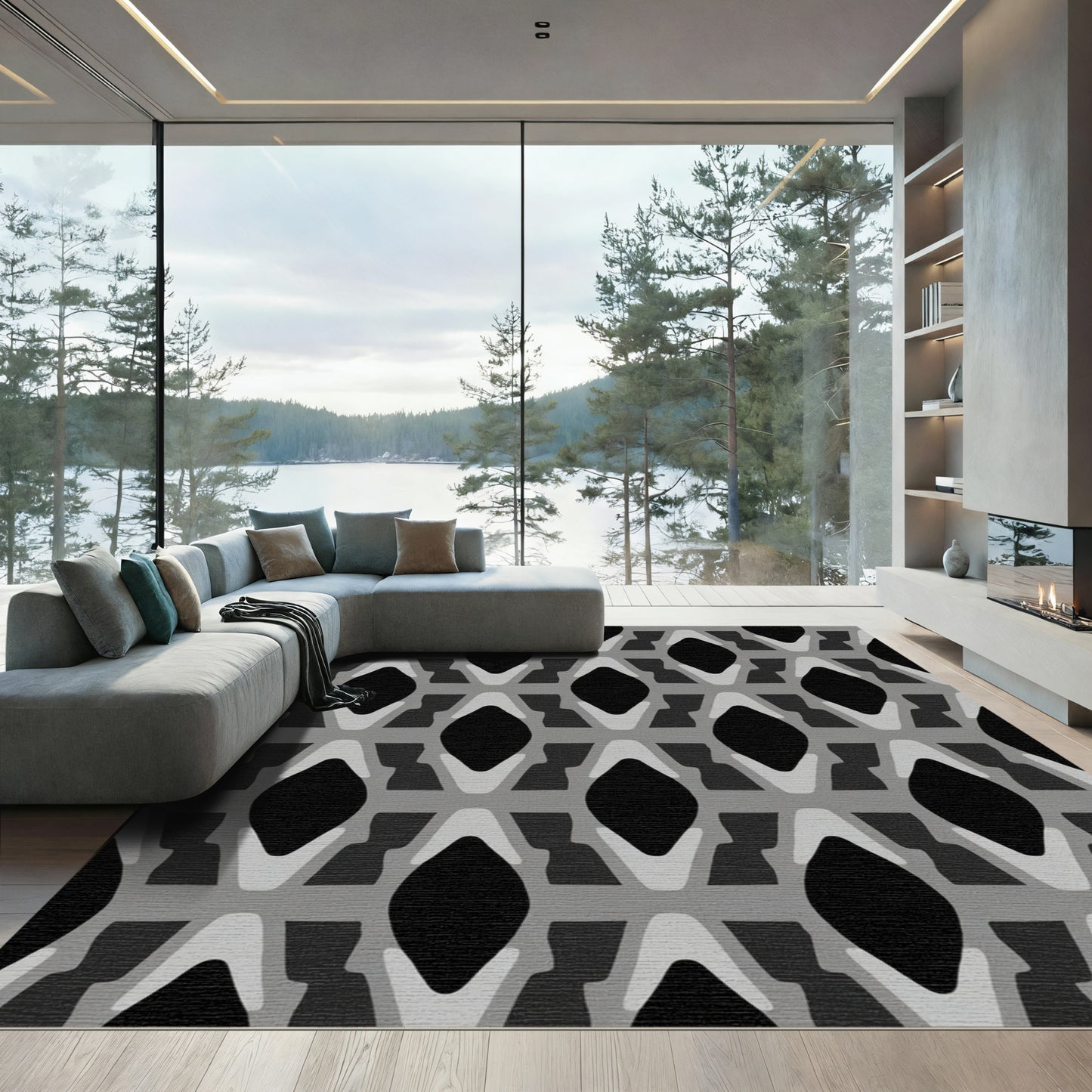 Gray and Black Lattice Diamonds Rug