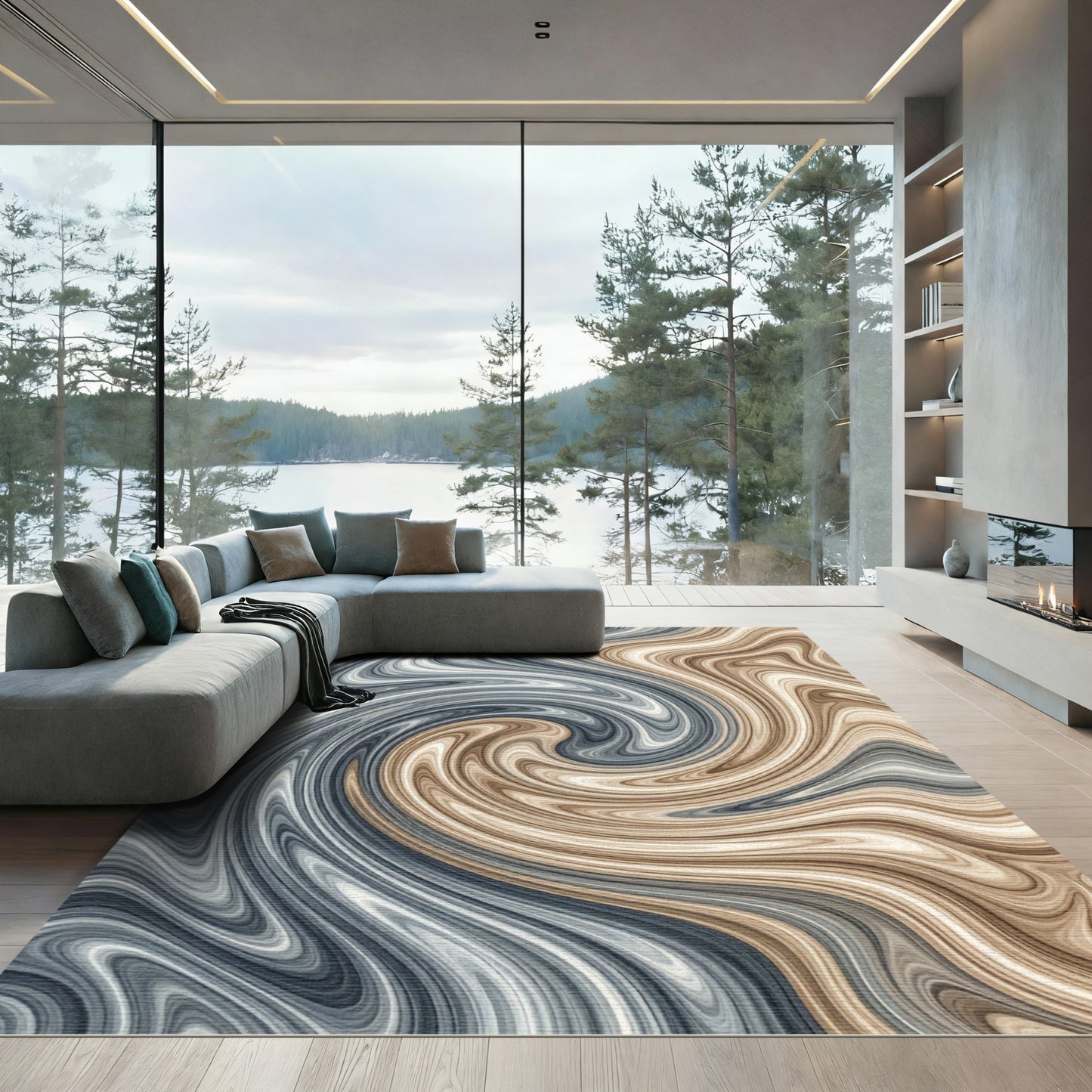 Modern Gray and Tan Fluid Swirl Rug