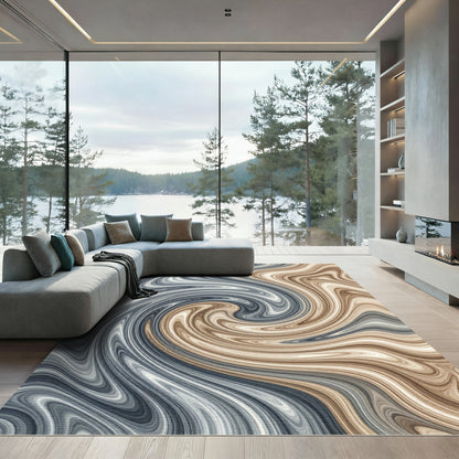 Modern Gray and Tan Fluid Swirl Rug