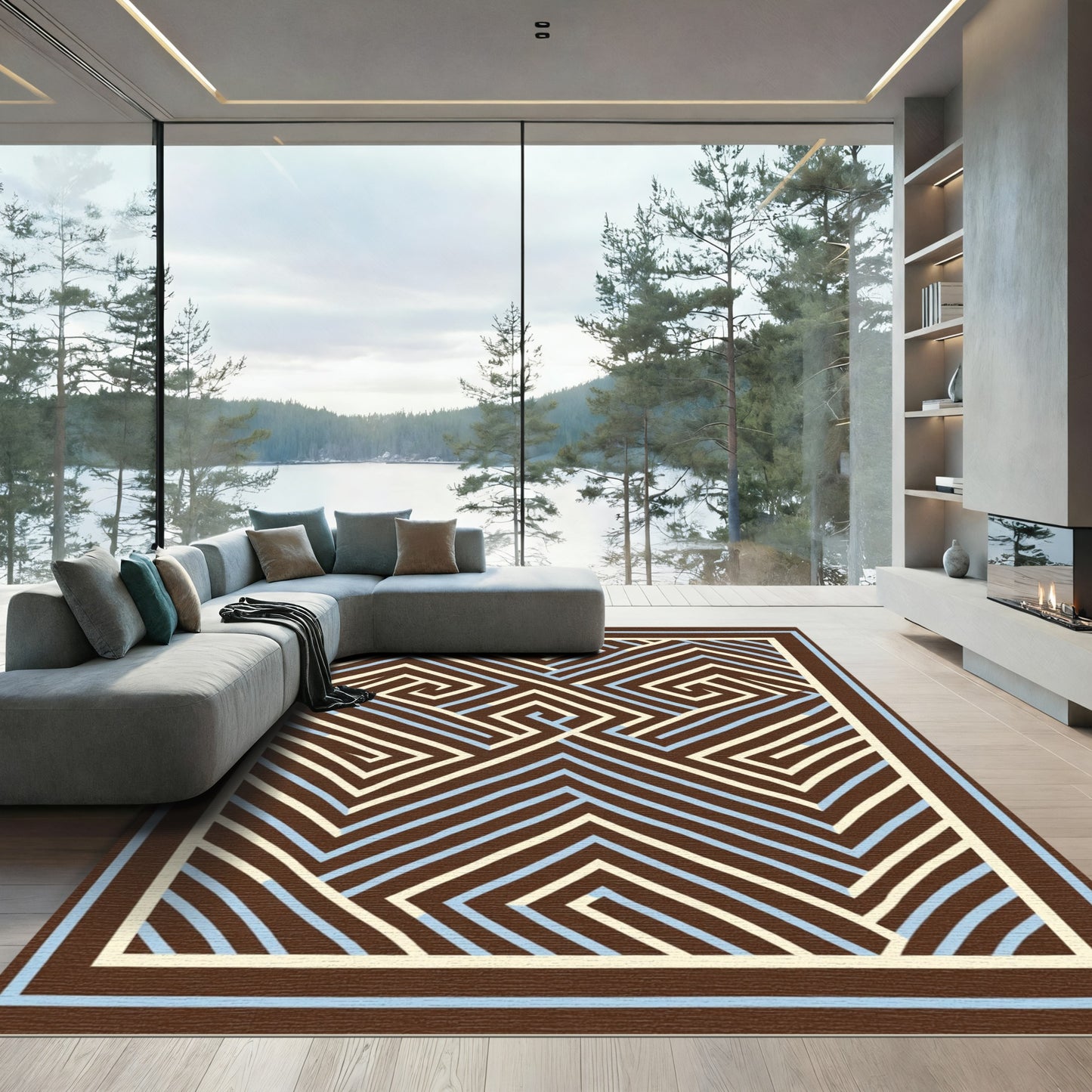 Brown Beige Blue Linear Maze Rug