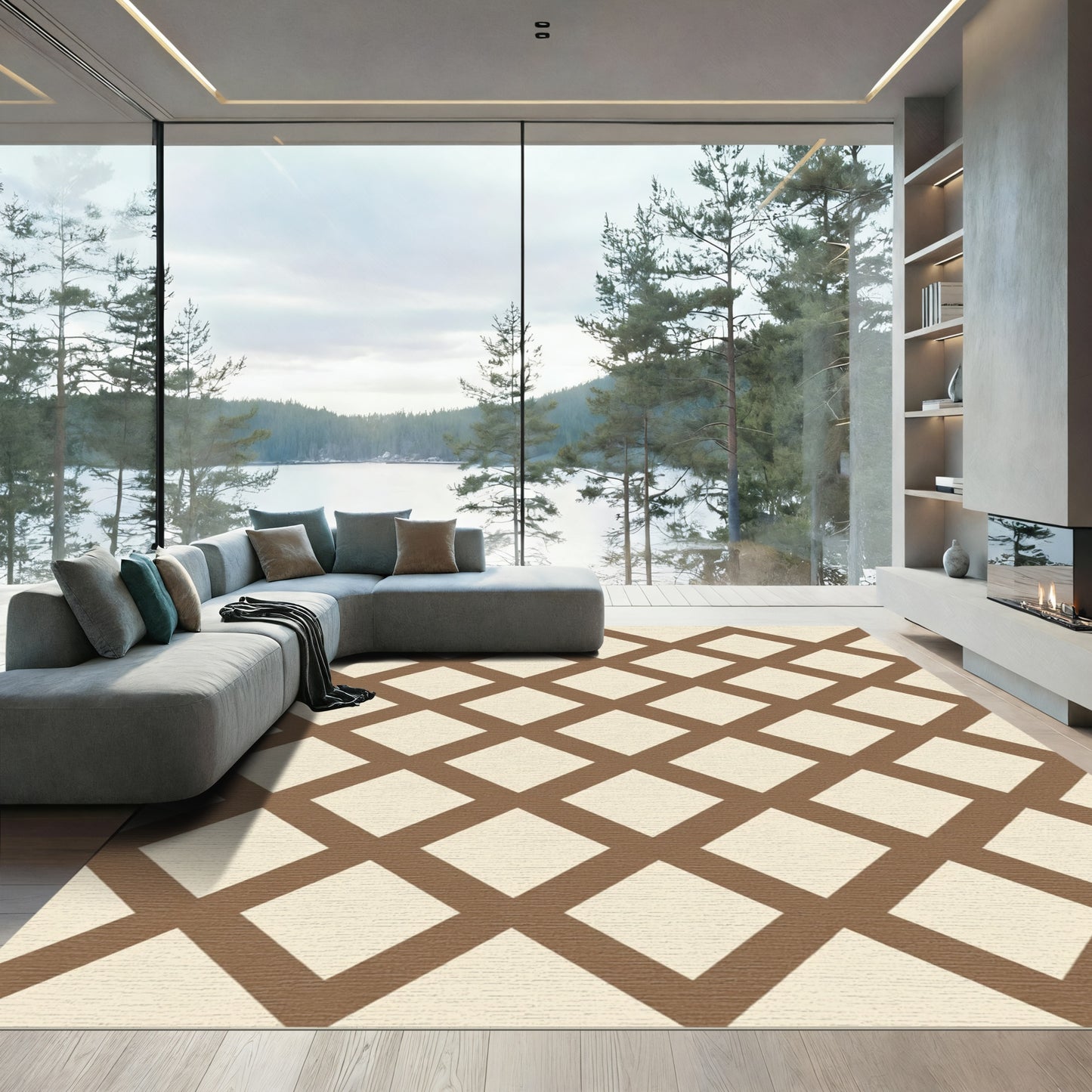 Brown Tan Geometric Diamond Lattice Rug