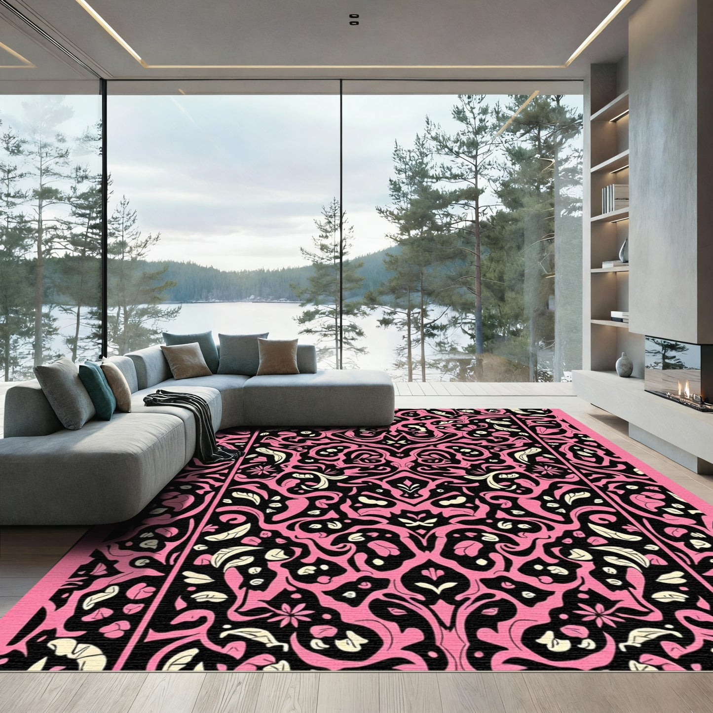 Bold Pink Black Floral Symmetry Rug