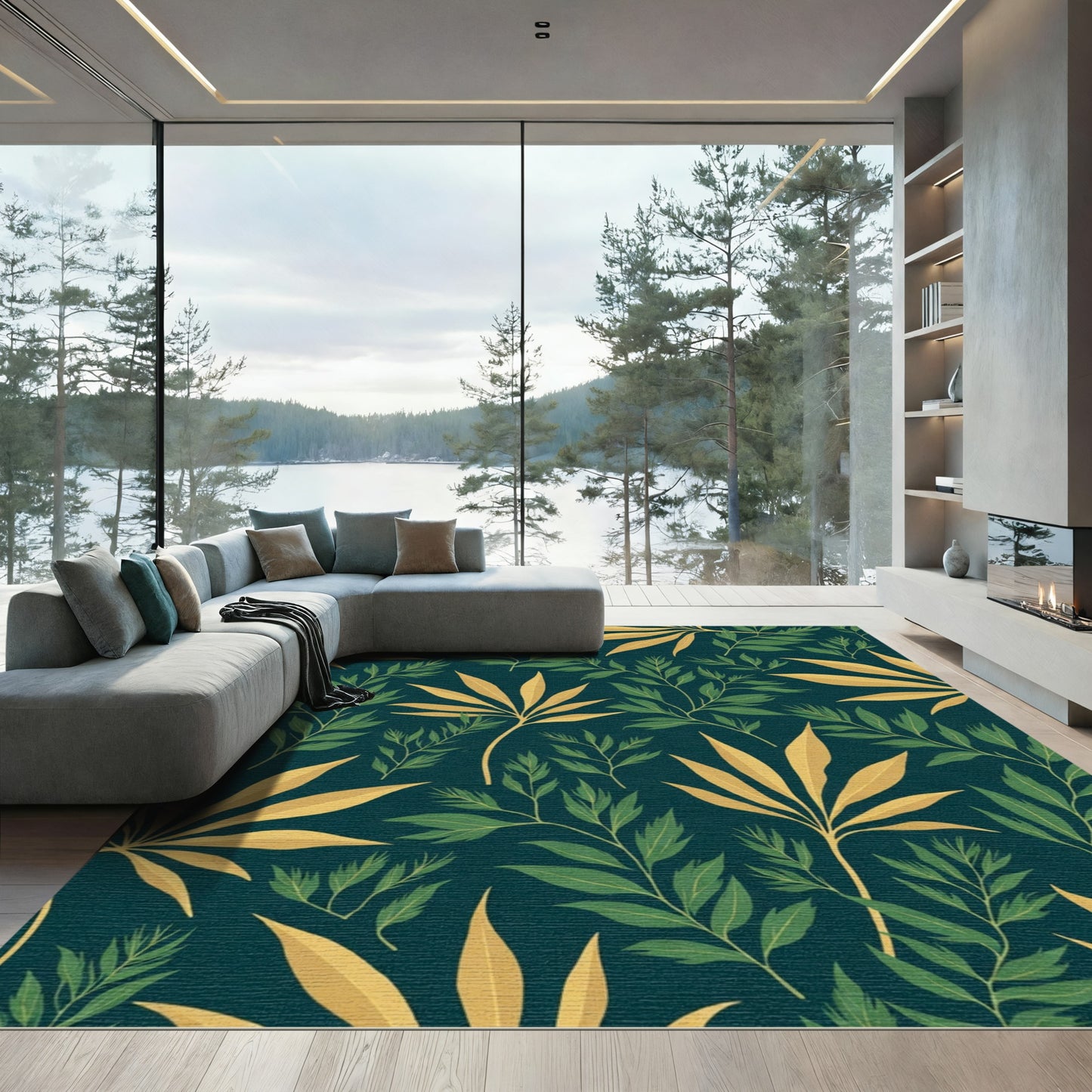 Deep Teal Foliage Botanical Swirl Rug