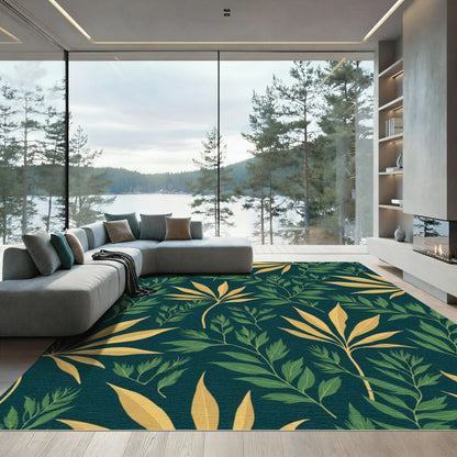 Deep Teal Foliage Botanical Swirl Rug