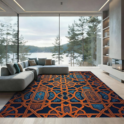 Ornate Copper and Navy Geometric Lattice Rug