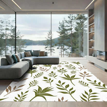 Olive Green Branch Foliage Arrangement Rug