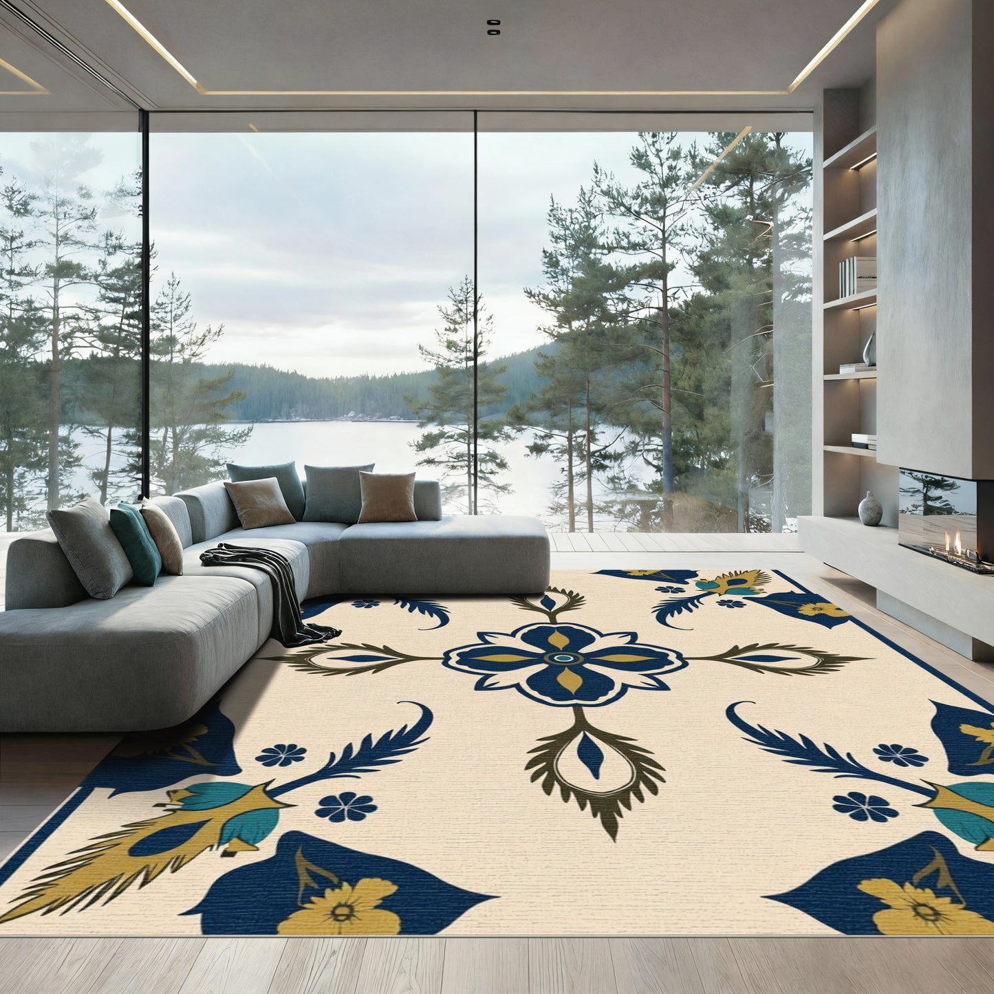 Navy Teal Floral Geometric Medallion Rug