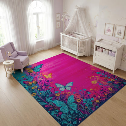 Vibrant Pink Teal Butterfly Floral Rug