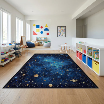 Cosmic Navy Stars Planets Nebula Rug