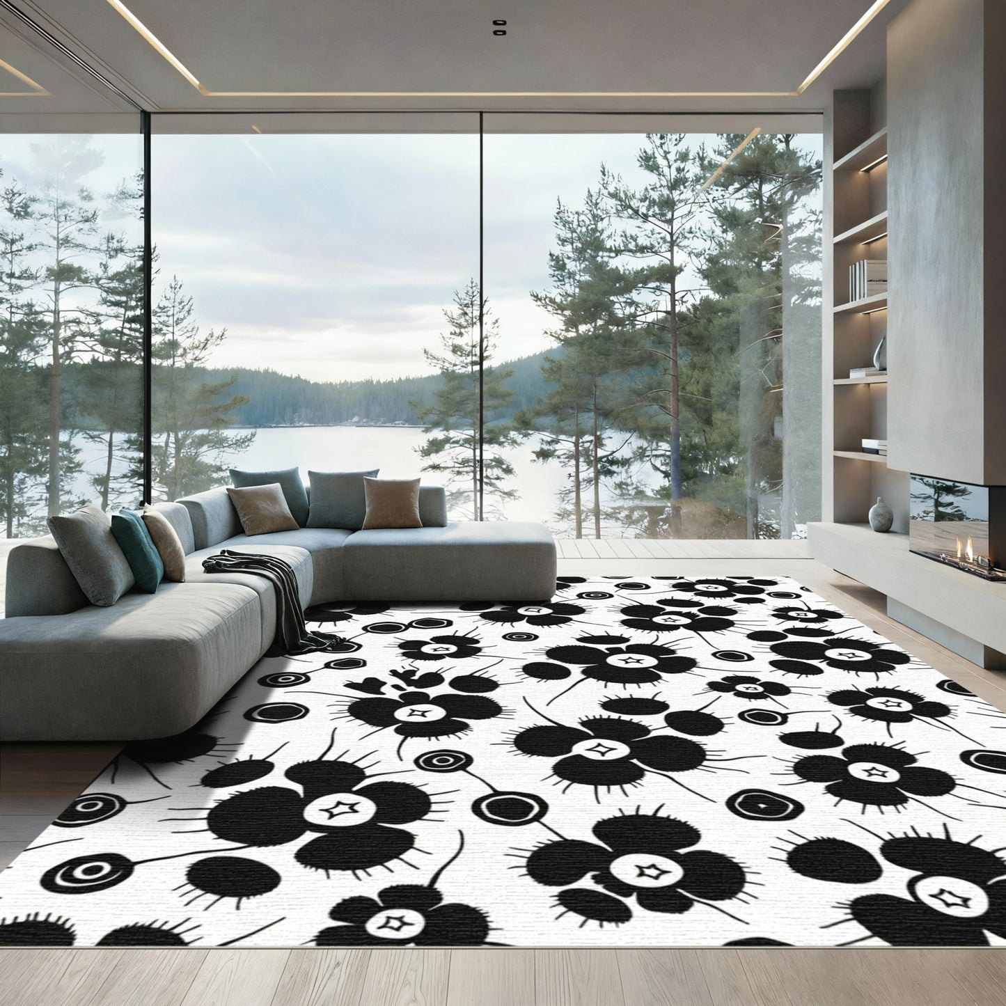 Bold Black Floral Whimsical Star Rug