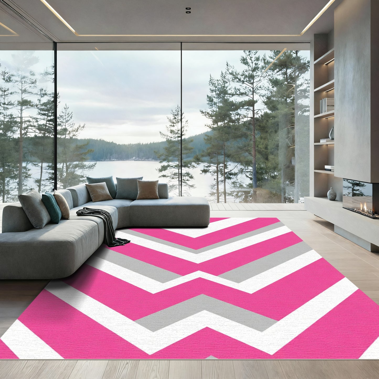 Hot Pink Gray Chevron Stripes Rug
