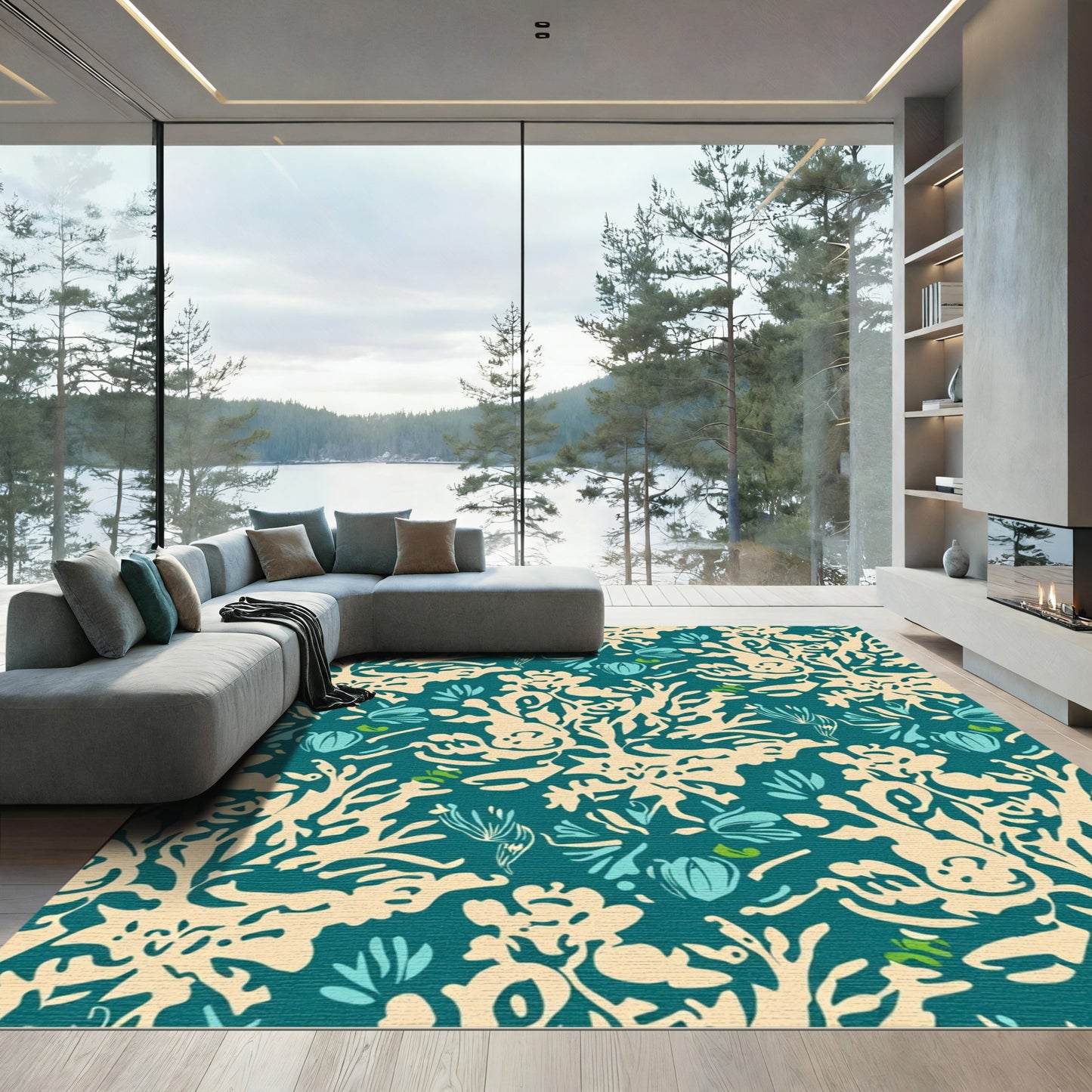 Deep Teal Coral Botanical Garden Rug