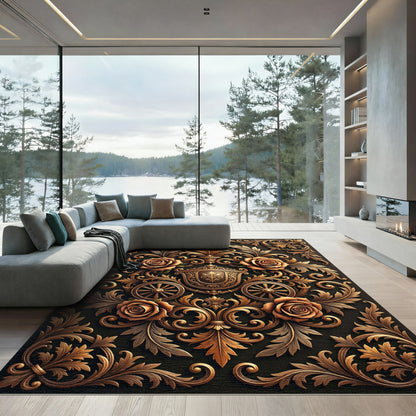 Ornate Baroque Golden Rose Filigree Rug