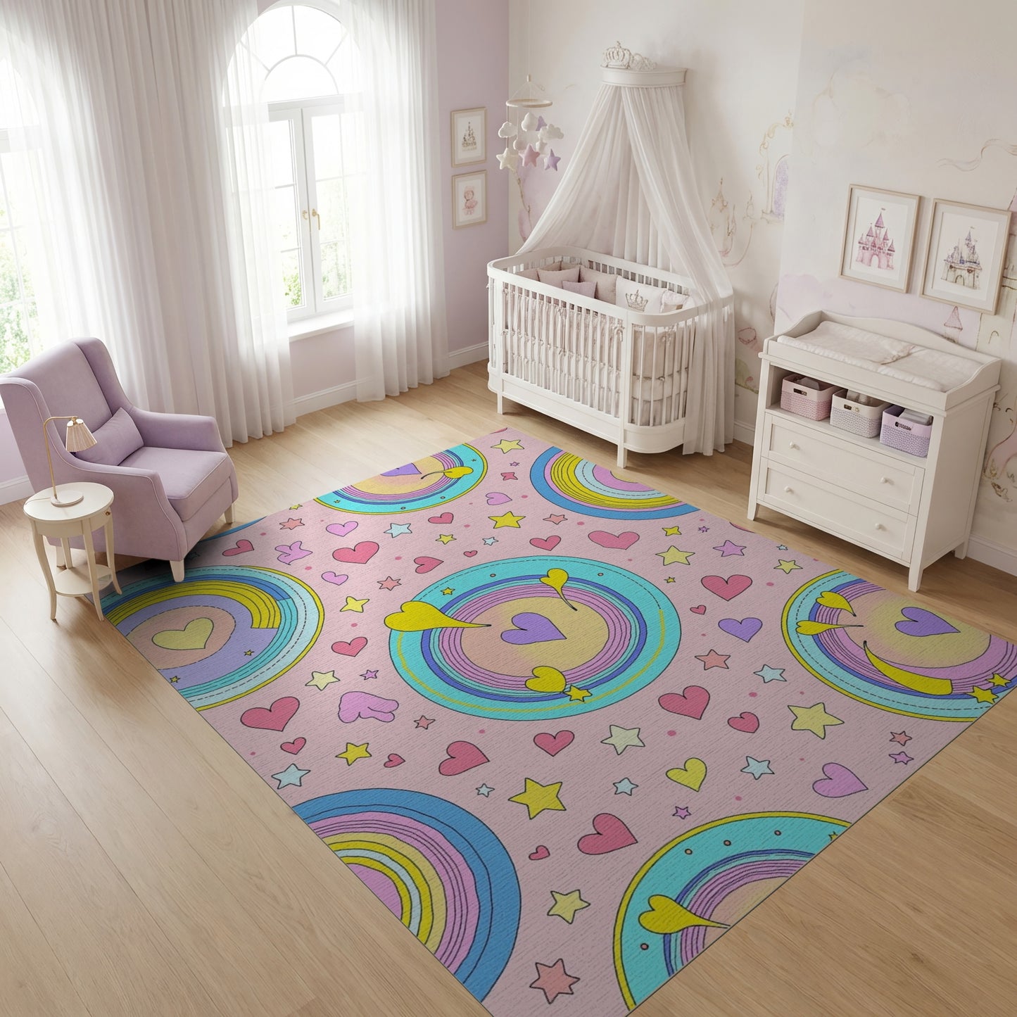 Whimsical Rainbow Hearts Stars Circles Rug