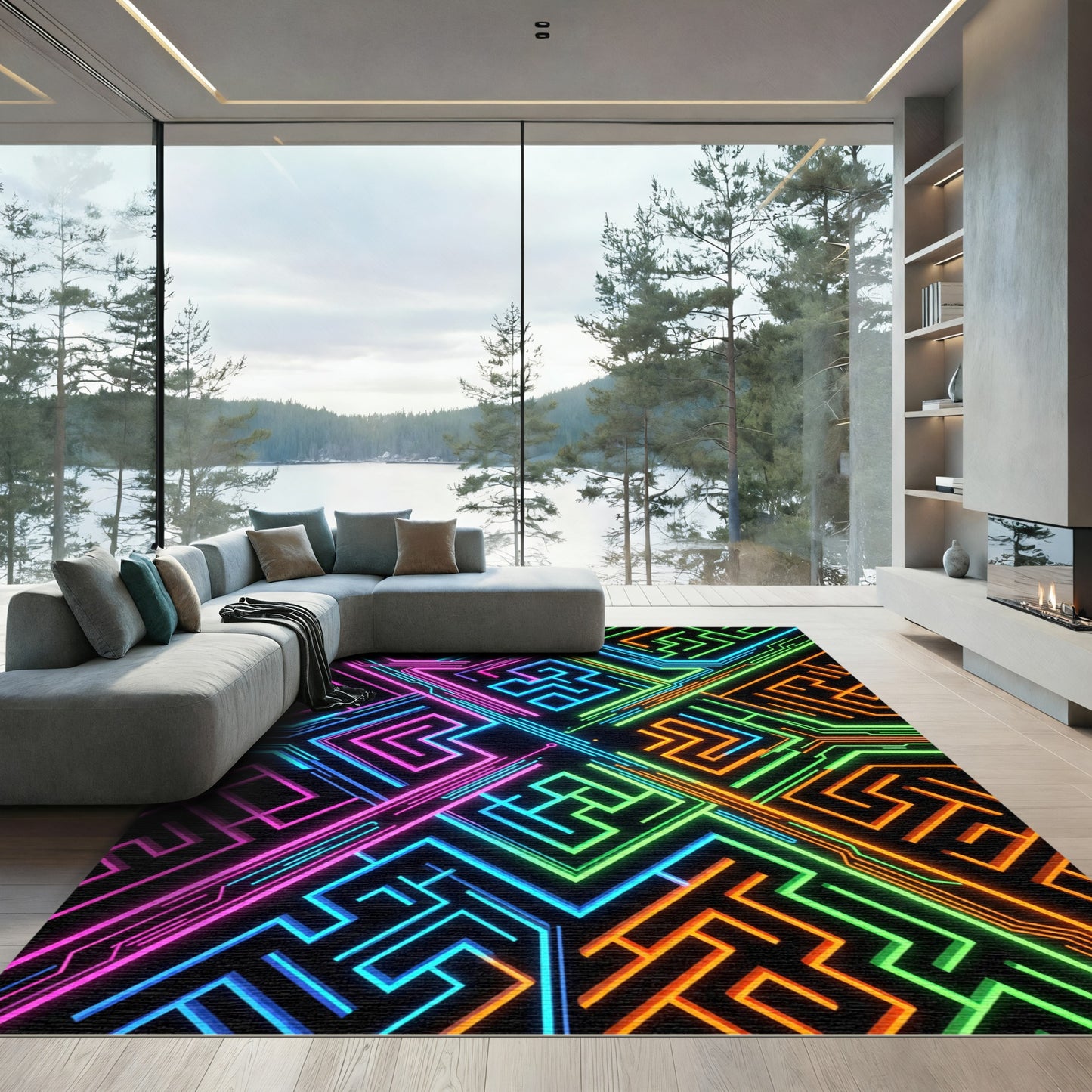 Neon Geometric Cyber Circuit Maze Rug
