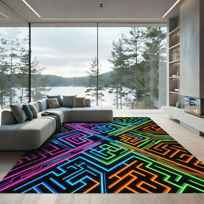 Neon Geometric Cyber Circuit Maze Rug