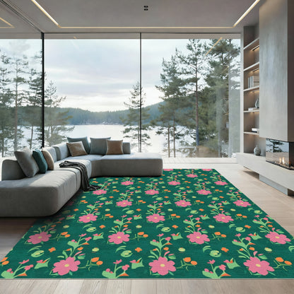 Pink Floral Vines on Deep Teal Rug