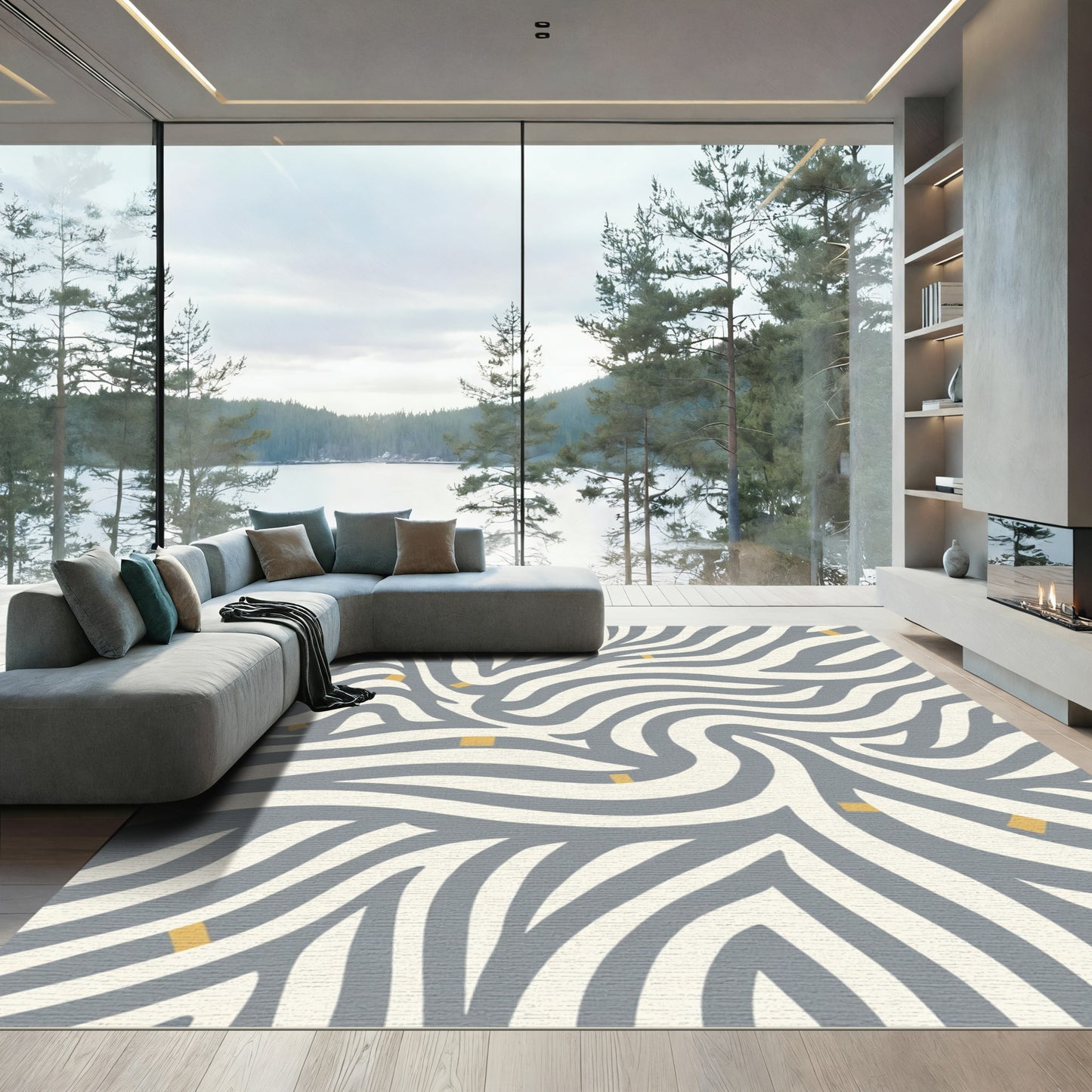Gray White Striped Swirl Accent Rug