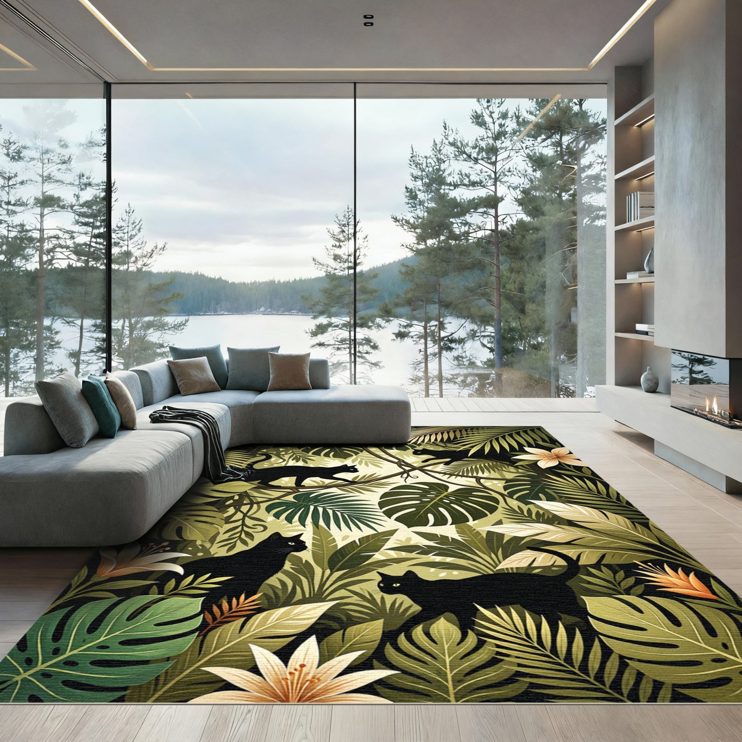 Jungle Black Cats Lush Foliage Rug