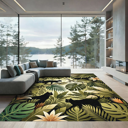 Jungle Black Cats Lush Foliage Rug