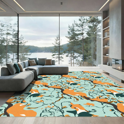 Whimsical Orange Foxes Climbing Branches Rug