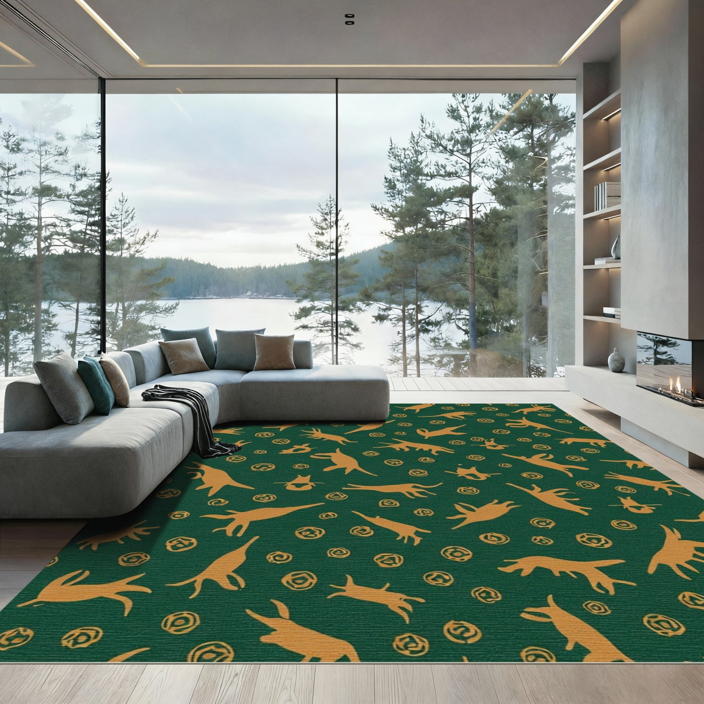 Golden Canine Animals Emerald Background Rug
