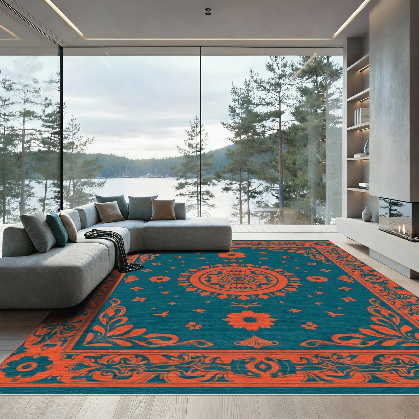 Teal Orange Medallion Floral Border Rug