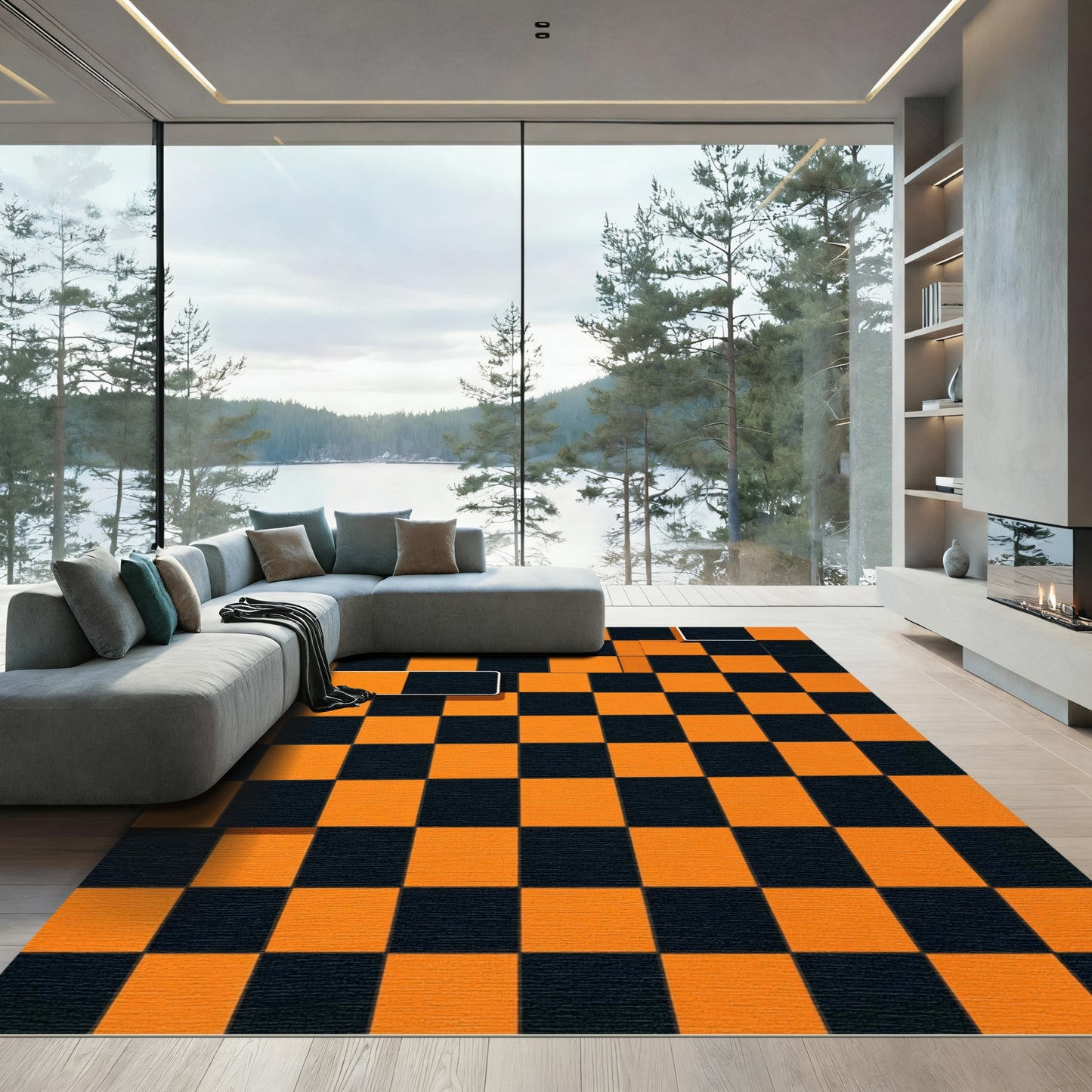 Bold Orange and Black Checkerboard Geometry Rug