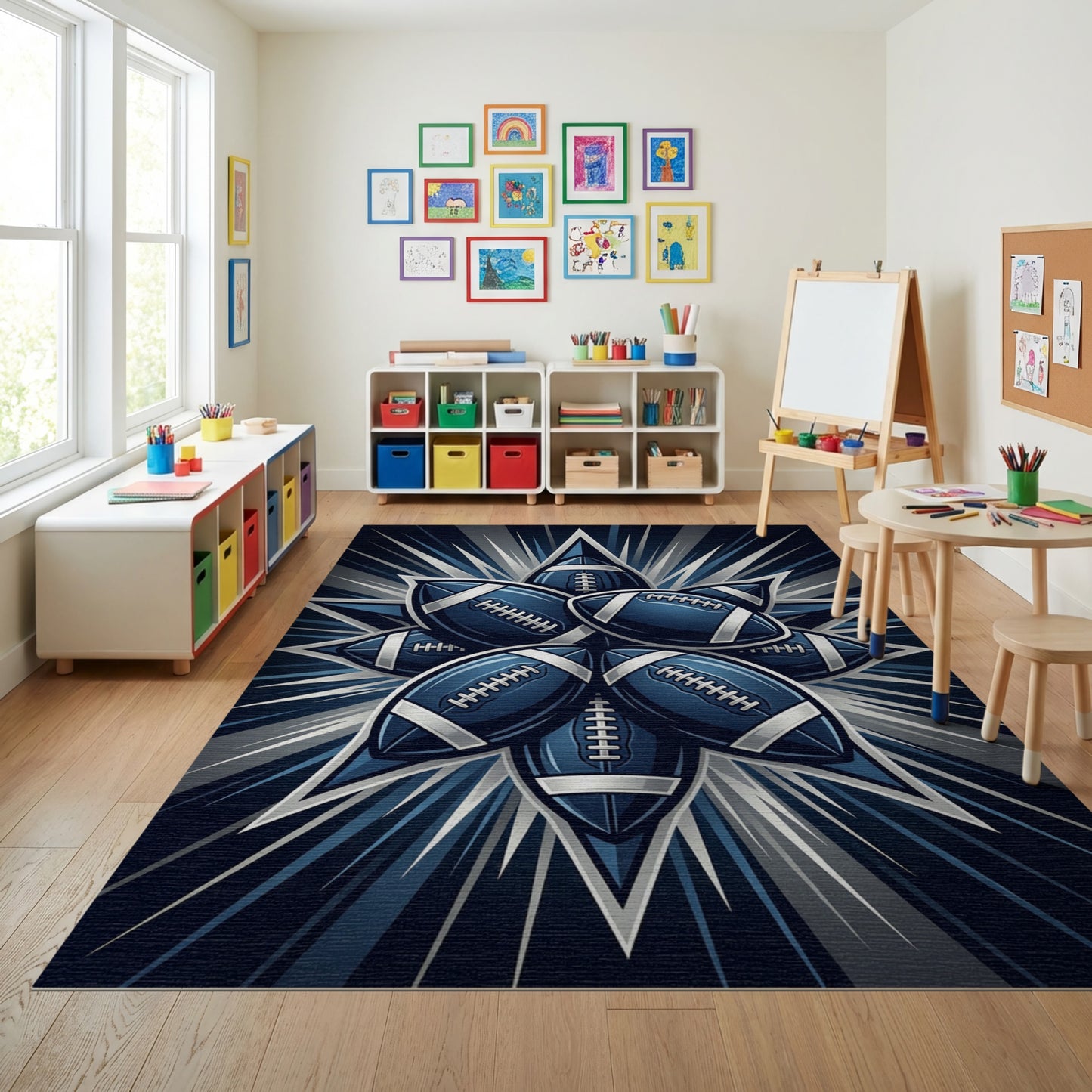 Dynamic Navy Football Starburst Rug