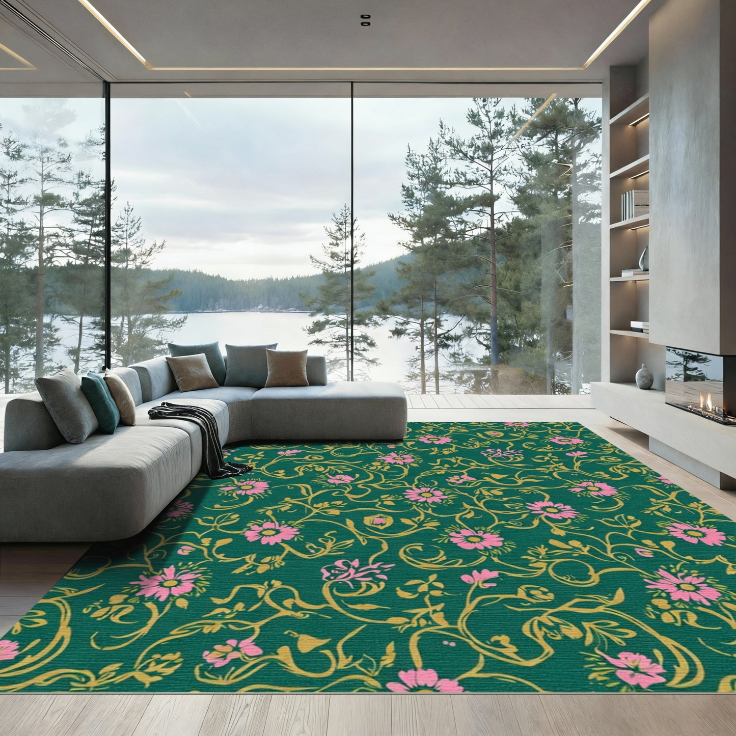 Emerald Green Pink Floral Swirl Rug
