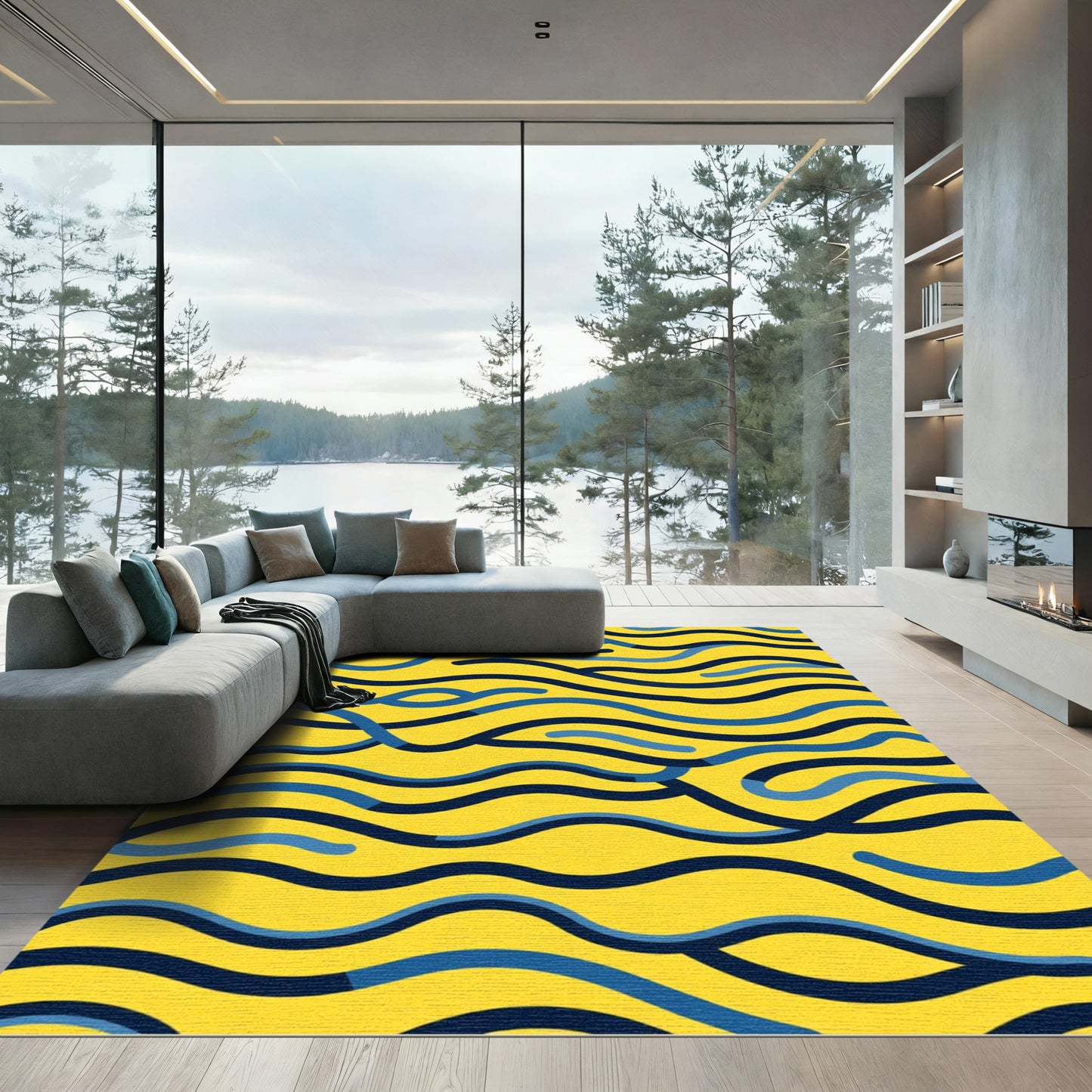 Yellow Blue Wavy Stripes Rug