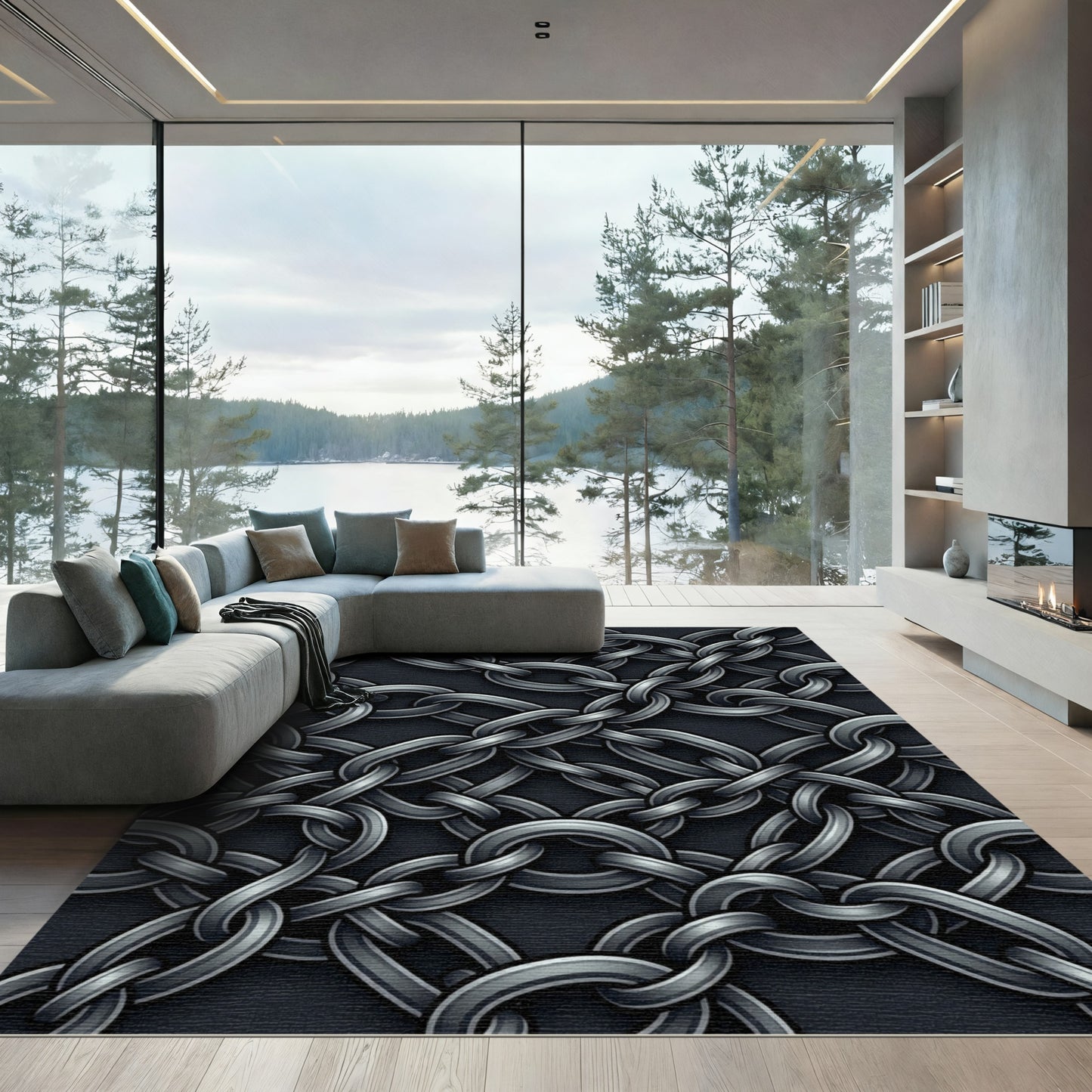 Dark Gray Interlocking Chain Links Rug