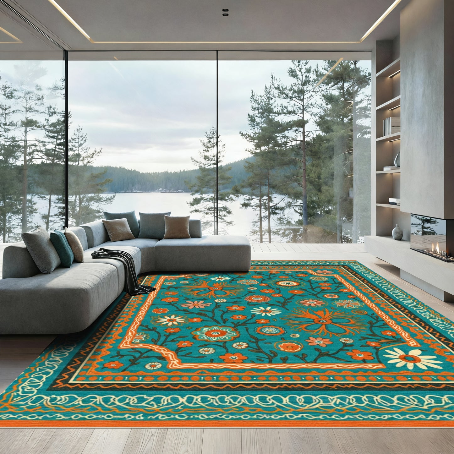 Teal Orange White Floral Garden Rug