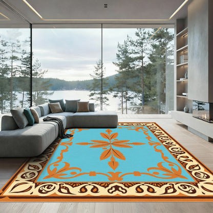 Orange Floral Medallion Aqua Border Rug