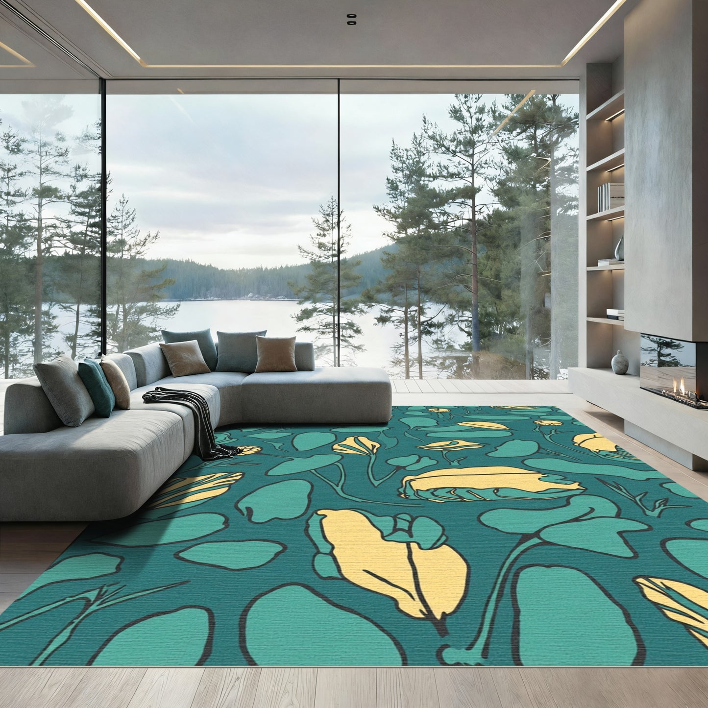 Teal Yellow Abstract Floral Leaves Rug