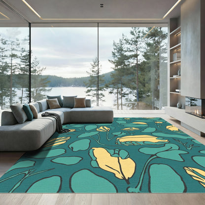 Teal Yellow Abstract Floral Leaves Rug