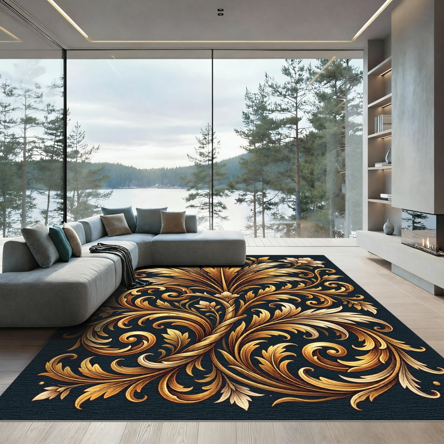Elegant Golden Acanthus Foliage Scroll Rug
