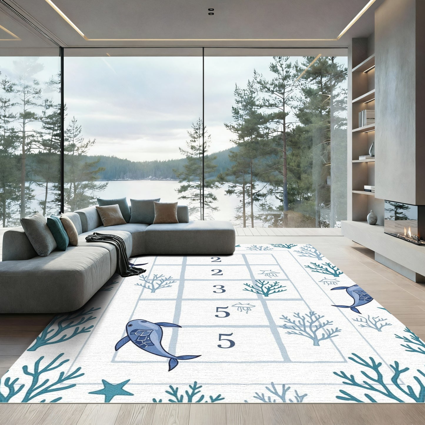 Blue Dolphin Coral Grid Watercolor Rug
