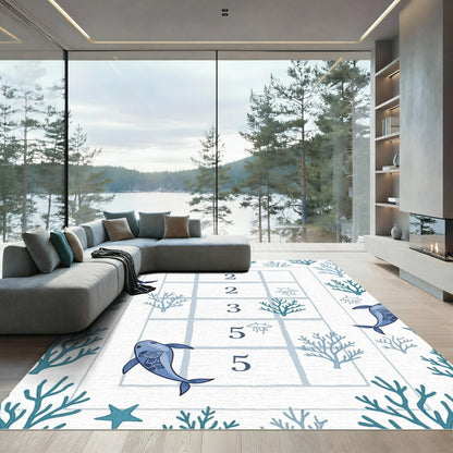 Blue Dolphin Coral Grid Watercolor Rug