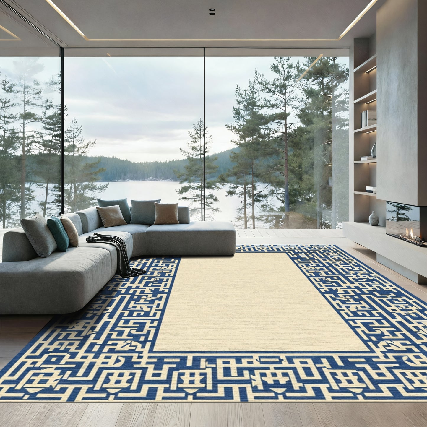 Navy Cream Maze Frame Rug