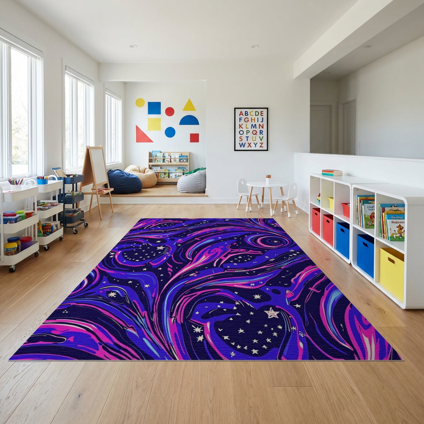 Navy Purple Cosmic Swirling Birds Stars Rug