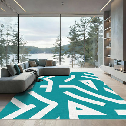 Teal White Geometric Abstract Composition Rug