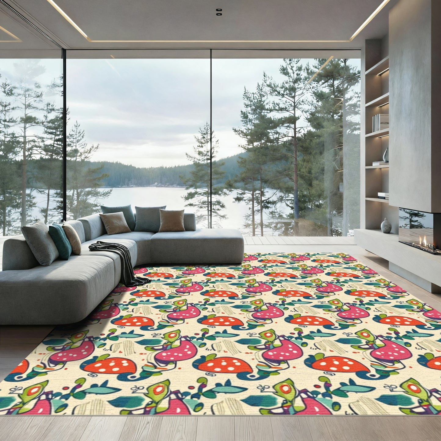 Whimsical Pink Green Red Fungi Bloom Rug