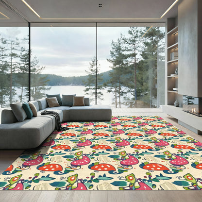 Whimsical Pink Green Red Fungi Bloom Rug