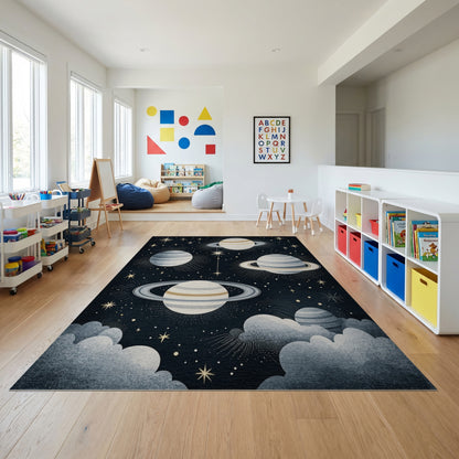 Starry Ringed Planets Gold Cosmic Rug