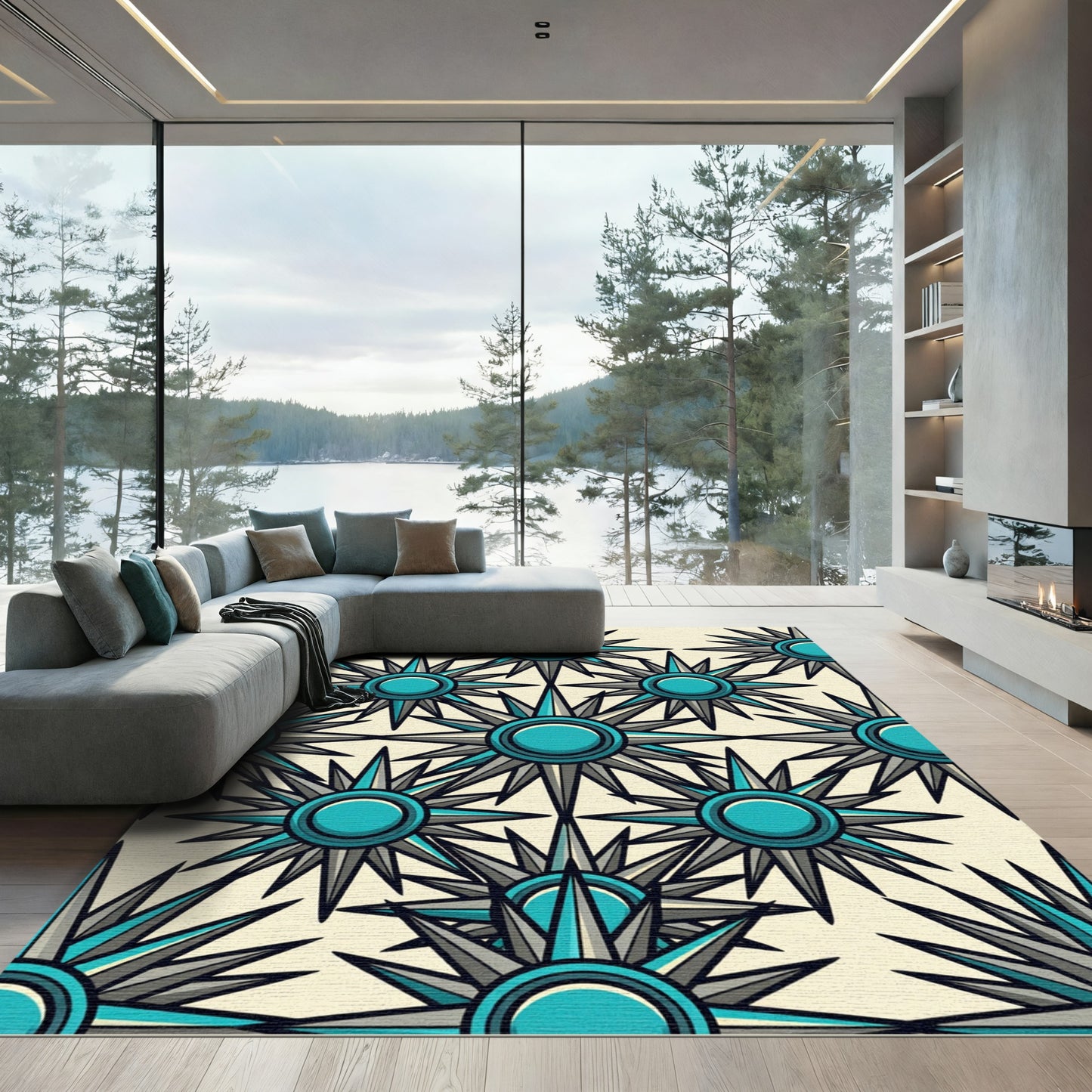 Geometric Teal Starburst Celestial Medallion Rug