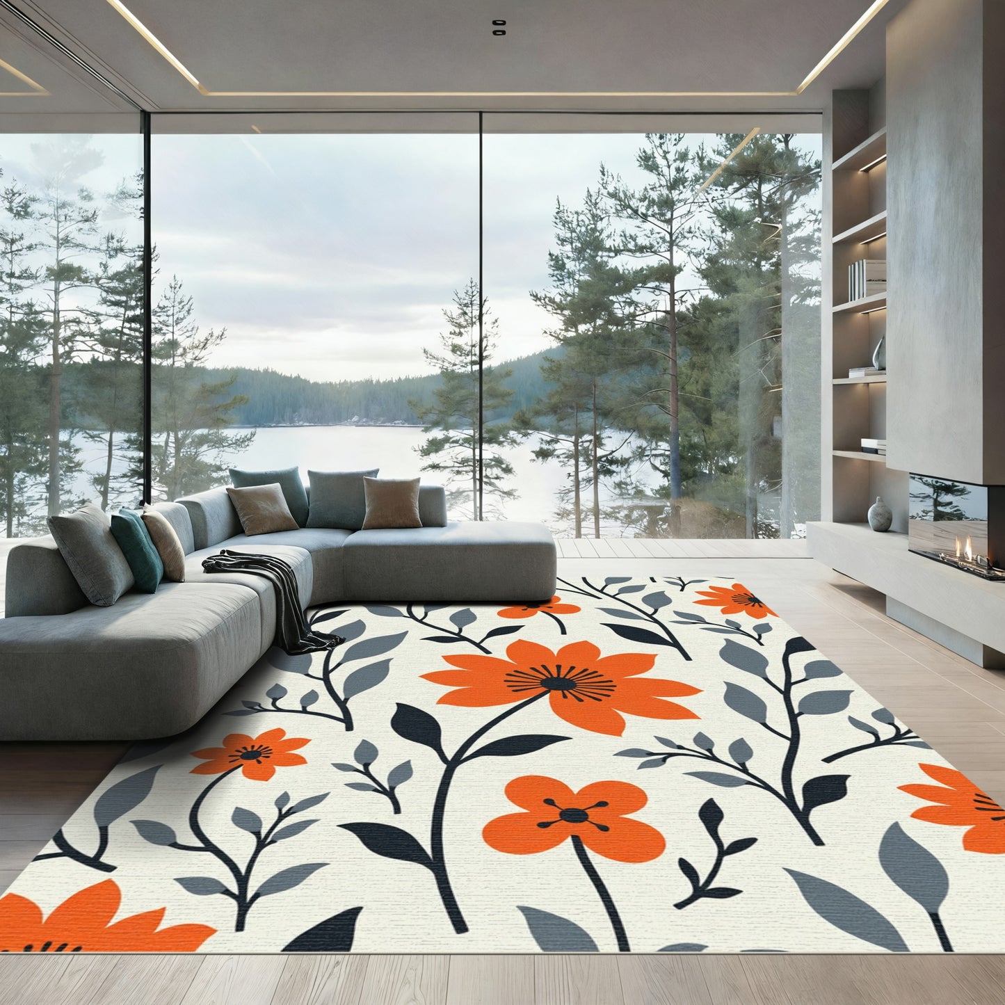 Vibrant Orange Floral Branch Composition Rug