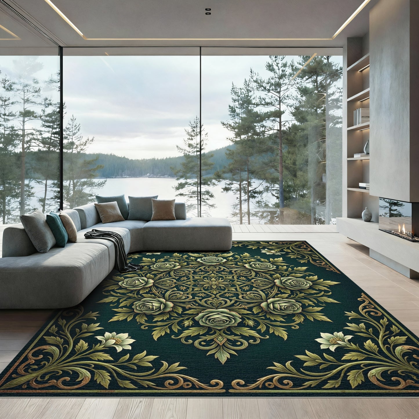 Elegant Emerald Rose Floral Medallion Rug