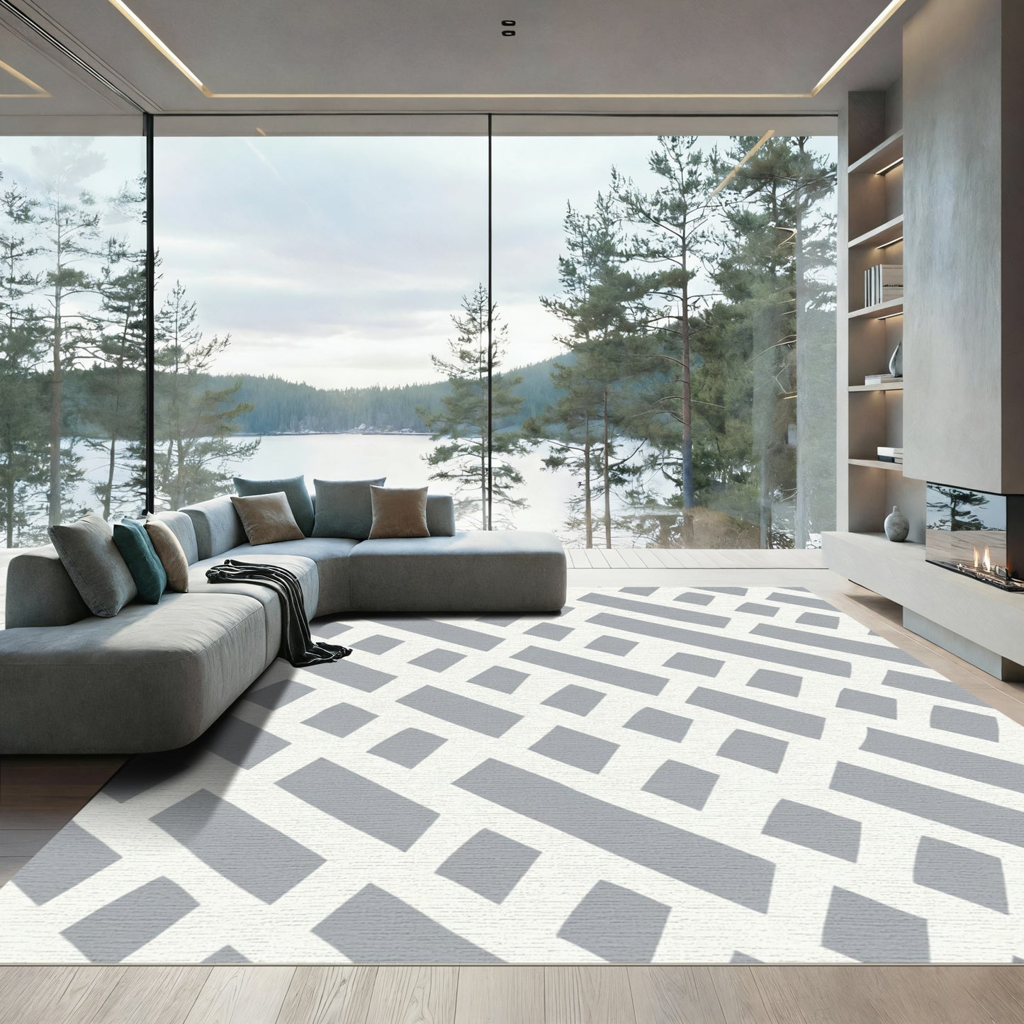 Gray Abstract Geometric Interlocking Lines Rug